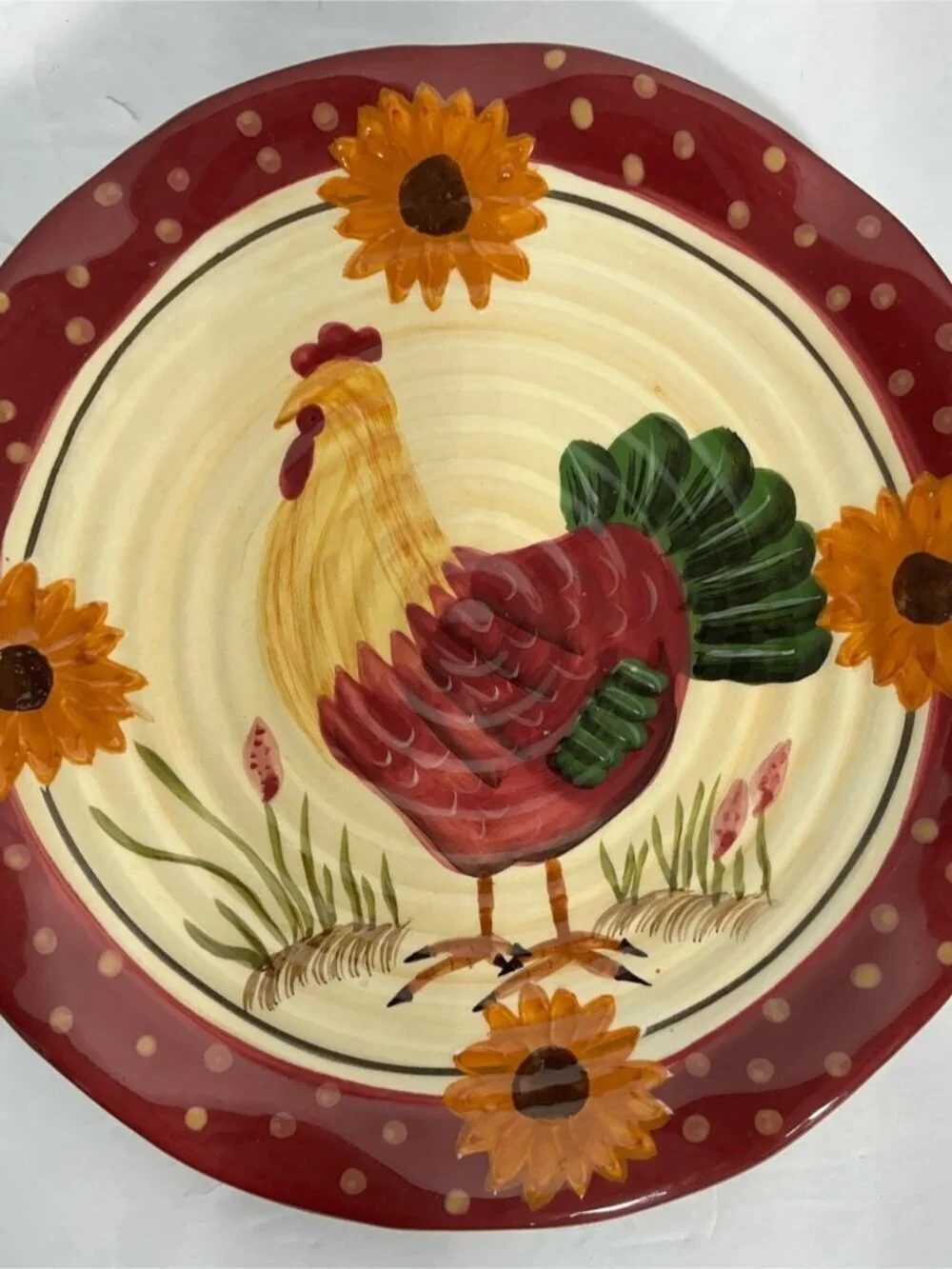 Hand Painted Rooster Sunflowers Decorative Plate Red Cream Yellow Vintage 1990